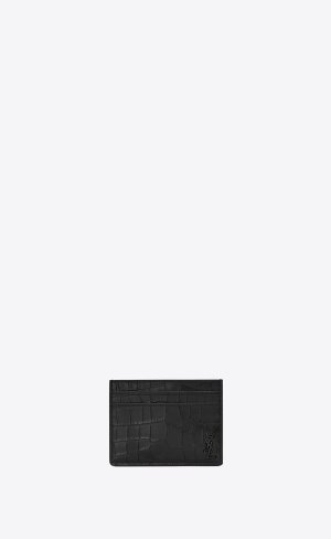 YSL Tiny Cassandre Card Case In Crocodile-embossed Läder Svarta | EOS614387
