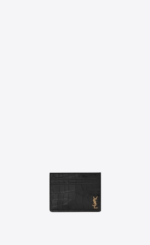 YSL Tiny Cassandre Card Case In Crocodile-embossed Matte Läder Svarta | VJY213980