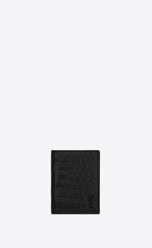 YSL Tiny Cassandre Credit Card Wallet In Crocodile-embossed Matte Läder Svarta | GEF568742
