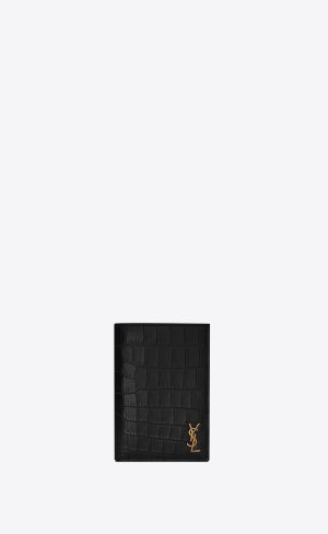 YSL Tiny Cassandre Credit Card Wallet In Crocodile-embossed Matte Läder Svarta | WNO129635