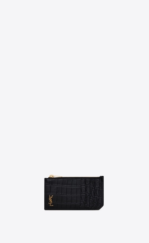 YSL Tiny Cassandre Fragments Zip Card Case In Crocodile-embossed Matte Läder Svarta | UFI864529