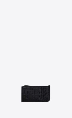 YSL Tiny Cassandre Fragments Zip Card Case In Crocodile-embossed Läder Svarta | ZIU270896