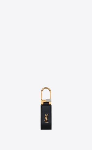 YSL Tiny Cassandre Keyring In Smooth Läder Svarta | AEN489361