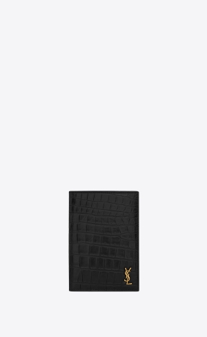 YSL Tiny Cassandre Passport Case In Crocodile-embossed Läder Svarta | IXP965084