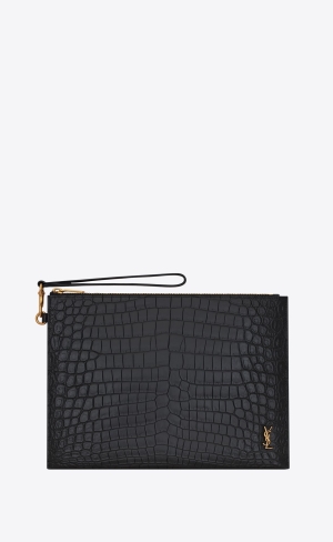 YSL Tiny Cassandre Zip Tablet Holder In Crocodile-embossed Läder Noir | TDB721039