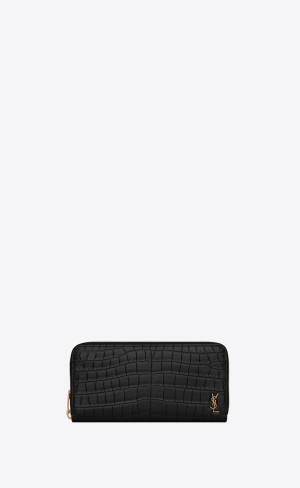 YSL Tiny Cassandre Zip-around Wallet In Crocodile-embossed Matte Läder Svarta | VAL678513