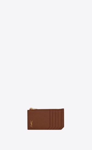 YSL Tiny Cassandre Zipped Fragments Credit Card Case In Grained Läder Bruna | WVJ450769