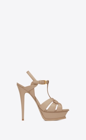 YSL Tribute Platform Sandals In Smooth Läder Mörkbeige | OYH426587