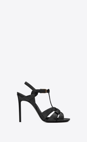 YSL Tribute Sandals In Crocodile-embossed Shiny Läder Svarta | MOP936048