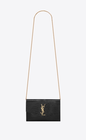 YSL Uptown Chain Wallet In Crocodile-embossed Shiny Läder Noir | TQR642307