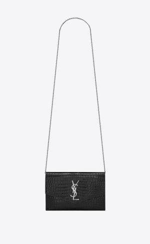 YSL Uptown Chain Wallet In Crocodile-embossed Shiny Läder Svarta | VWA648275