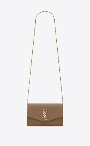 YSL Uptown Chain Wallet In Grain De Poudre Embossed Läder Grå Bruna | DRP296187
