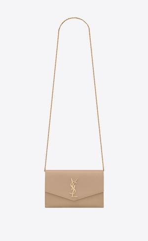 YSL Uptown Chain Wallet In Grain De Poudre Embossed Läder Mörkbeige | PIJ879261