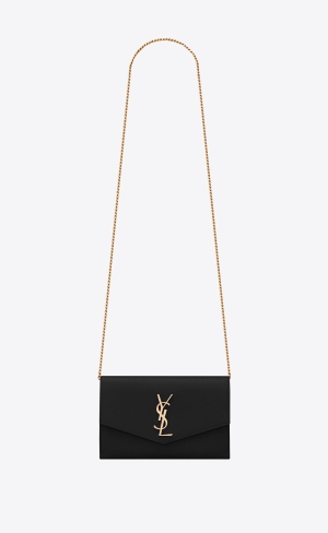 YSL Uptown Chain Wallet In Grain De Poudre Embossed Läder Svarta | QWV735098