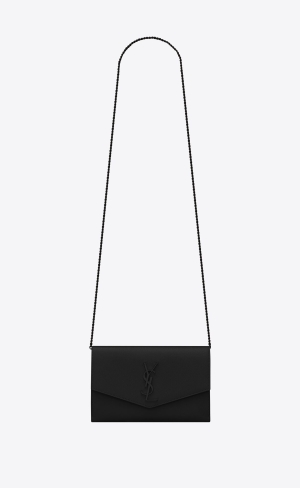 YSL Uptown Chain Wallet In Grain De Poudre Embossed Läder Svarta | TVB689432