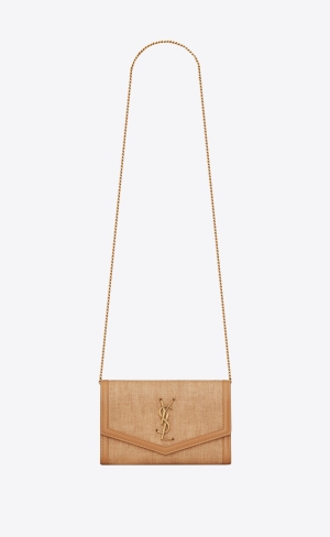 YSL Uptown Chain Wallet In Micro Raffia Beige Rosa | KTF697130