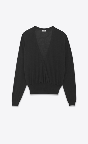 YSL V-neck Tröja In Cashmere, Ull And Silk Svarta | ZYG714598