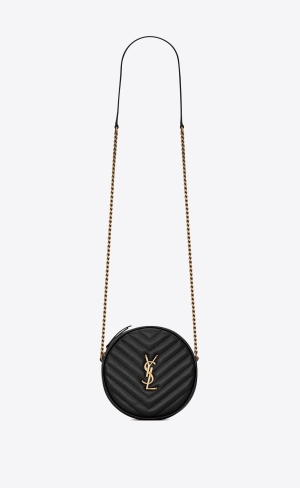 YSL Vinyle Round Camera Bag In Chevron-quilted Grain De Poudre Embossed Läder Svarta | QTZ385742