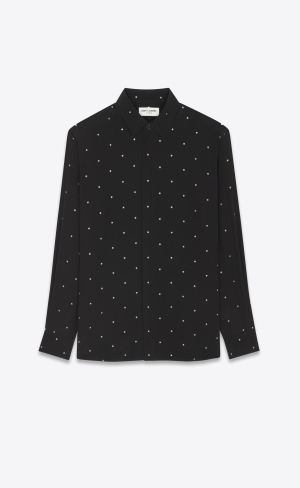 YSL Yves Collar Klassiska Shirt In Dotted Crepe De Chine Noir Or | LCR318794