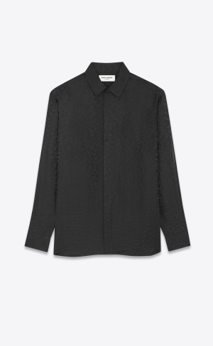 YSL Yves Collar Klassiska Shirt In Matte And Shiny Silk Noir | HEW738045