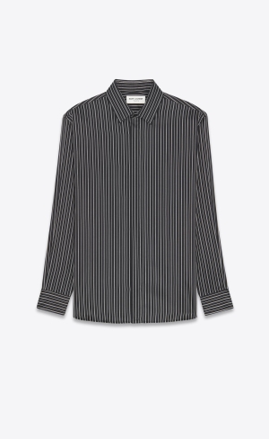 YSL Yves Collar Klassiska Shirt In Randig Silk Noir Craie | GWJ532986