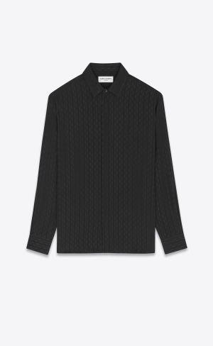 YSL Yves Collar Klassiska Shirt In Randig Matte And Shiny Silk Noir | SQU472583