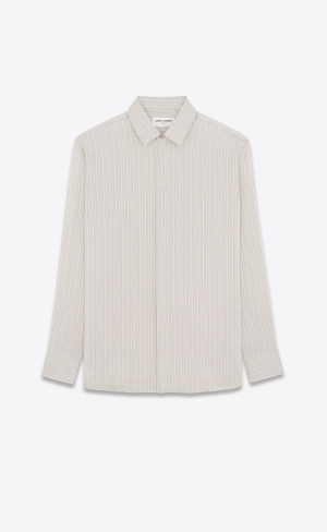 YSL Yves Collar Klassiska Shirt In Randig Silk Gris Craie | TMF412367